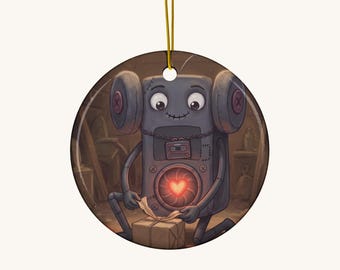 Holiday Gift Ornament – Creepy Cute Character Unwrapping a Present, Ceramic Round Christmas Ornament