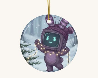 Christmas Ornament – Creepy Cute TV Character in the Snow, Ceramic Circle Ornament with String Lights