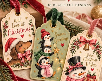 Vintage Christmas Gift Tags | 10 Retro Designs (Digital Download)