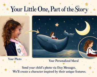 May include: A personalized mural featuring a child with curly hair riding a blue whale under a crescent moon and stars. The text reads: Your Little One, Part of the Story, Your Photo, Your Personalized Mural, Send your child's photo via Etsy Messages.