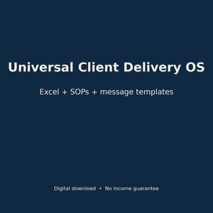 Peut inclure: Un graphique numérique bleu foncé présentant le texte blanc Universal Client Delivery OS, suivi du sous-texte Excel + SOPs + message templates, et en bas, le texte Digital download • No income guarantee.