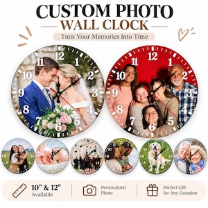 May include: Two large round wall clocks featuring custom photos, one with a wedding couple and one with a family group. Below are six smaller round wall clocks displaying various personal photos. Text reads CUSTOM PHOTO WALL CLOCK.
