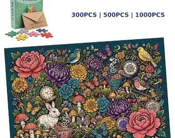Rompecabezas botánico estilo cottagecore: conejos, pájaros, setas y flores (300-1000 piezas)