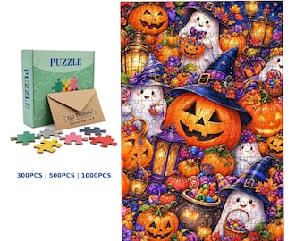 Rompecabezas de Halloween con carroza de calabaza en acuarela y mansión encantada de cuento de hadas (300-1000 piezas)