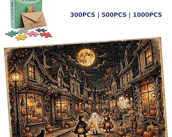 Rompecabezas de Halloween Village sin spoilers, arte otoñal espeluznante, 300-1000 piezas