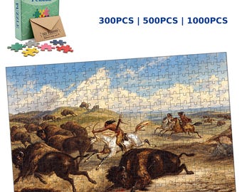 Rompecabezas de caza de búfalos nativos americanos, rompecabezas de arte de bisonte del oeste vintage, rompecabezas de 300, 500 o 1000 piezas, regalo rústico para adultos.
