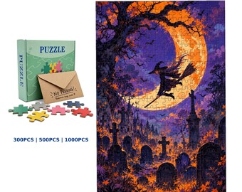 Rompecabezas de Halloween con temática de brujas, cementerio a la luz de la luna y capilla gótica (300-1000 piezas)