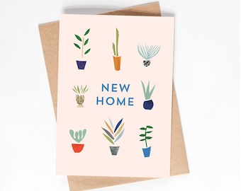 New Home Greetings Card, Pot plants, cactus, succulents, collage