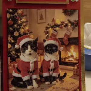 Könnte beinhalten: Eine handgefertigte Weihnachtsgrußkarte mit zwei schwarz-weißen Katzen in rot-weißen Weihnachtsmannkostümen und Mützen. Die Karte hat einen roten Rand, goldene Akzente und den Text Merry Christmas oben, vor einem Kaminhintergrund.