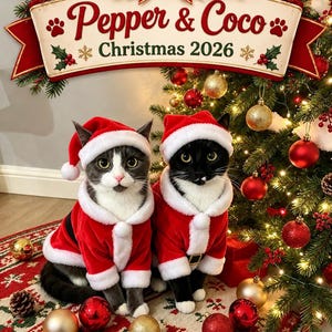 May include: Two cats wearing red and white Santa suits and hats sit before a Christmas tree. A banner above reads Pepper & Coco Christmas 2026. The scene includes red and gold ornaments on a patterned rug with pine cones and greenery.