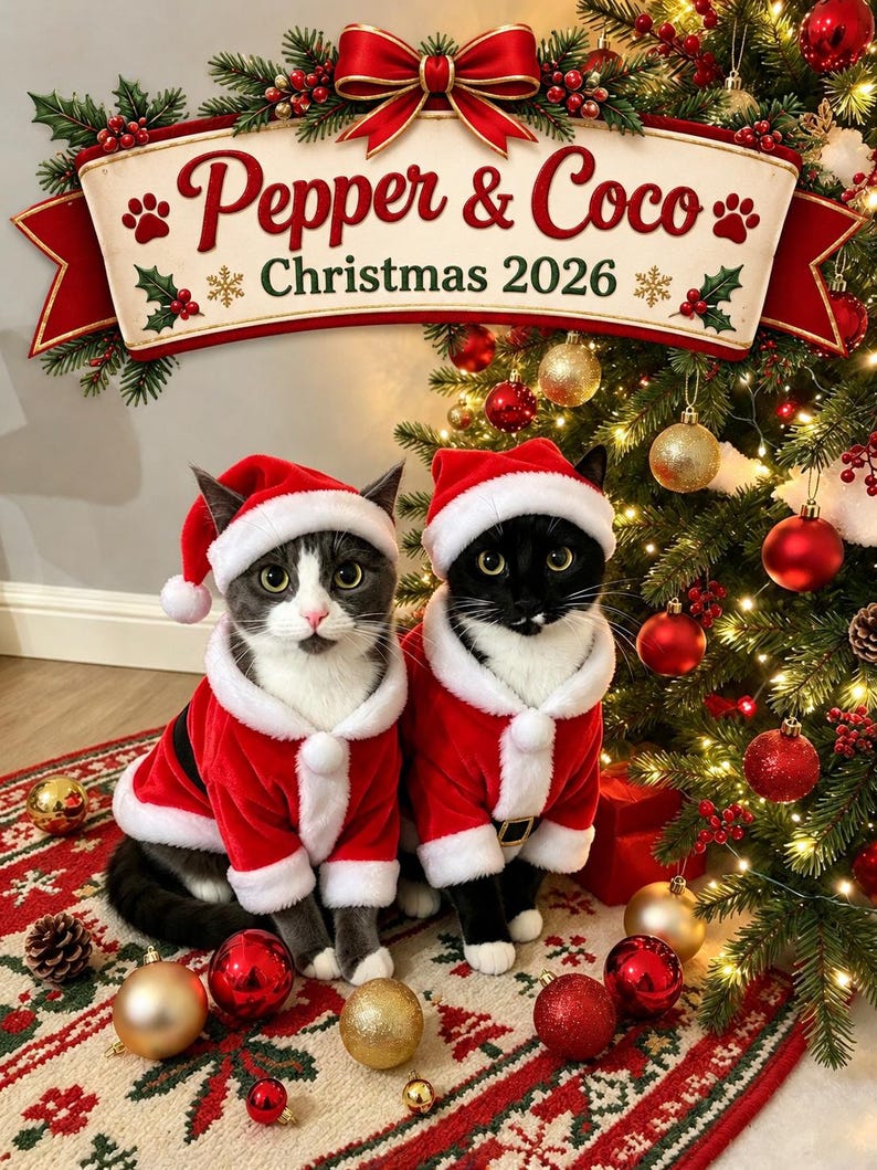 May include: Two cats wearing red and white Santa suits and hats sit before a Christmas tree. A banner above reads Pepper & Coco Christmas 2026. The scene includes red and gold ornaments on a patterned rug with pine cones and greenery.