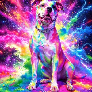 May include: A dog with a short coat featuring a vibrant, multi-colored rainbow pattern sits centered. The background is a dynamic explosion of neon pink, blue, yellow, and purple clouds with bright lightning bolts and scattered light particles.