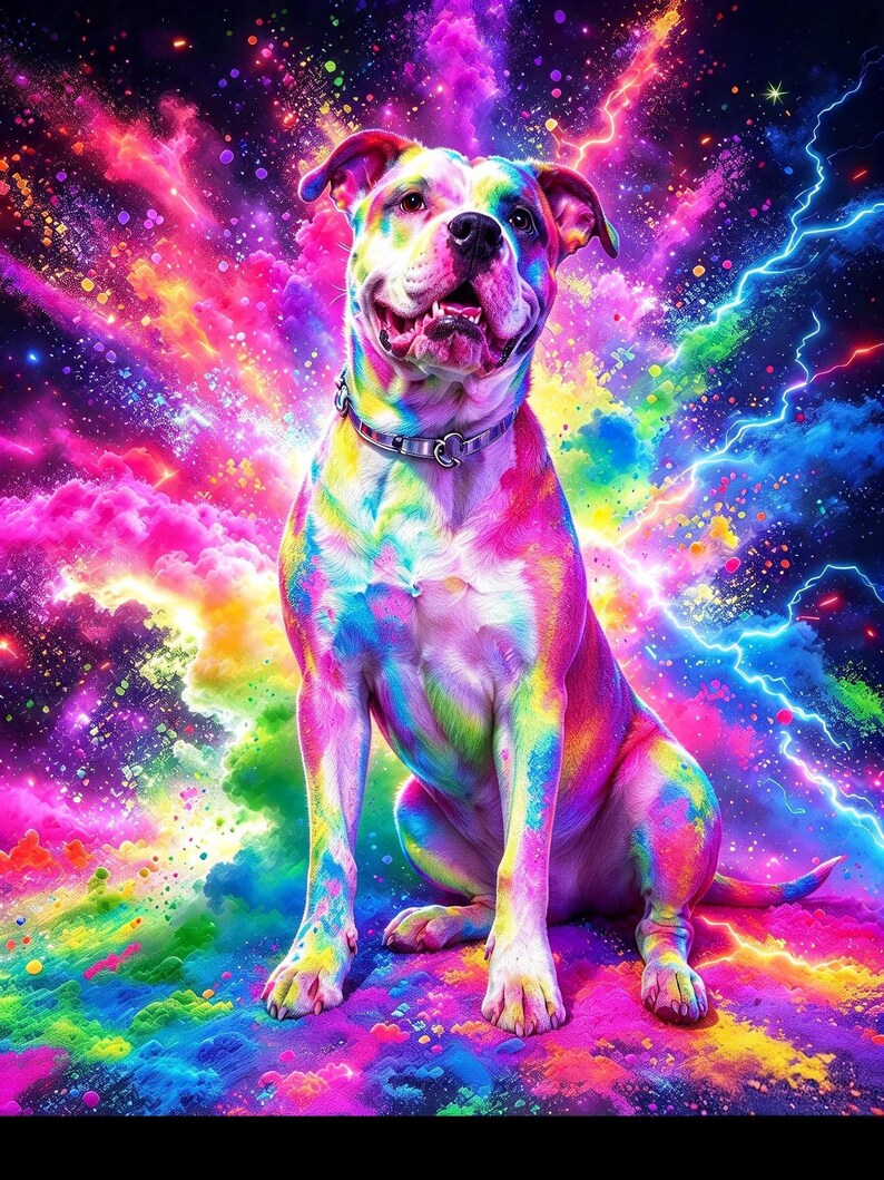 May include: A dog with a short coat featuring a vibrant, multi-colored rainbow pattern sits centered. The background is a dynamic explosion of neon pink, blue, yellow, and purple clouds with bright lightning bolts and scattered light particles.