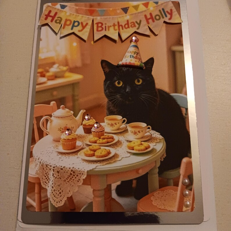 May include: A birthday greeting card featuring a black cat wearing a small party hat, sitting at a round table set with a teapot, cupcakes, and cookies. A banner at the top reads Happy Birthday Holly, and the card is decorated with small gems.