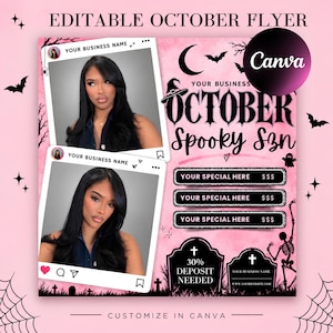 May include: An editable October flyer template in pink with black Halloween graphics including bats, a crescent moon, and a skeleton. It features two photo frames with a person, text reading OCTOBER Spooky Szn, and placeholders for business details.