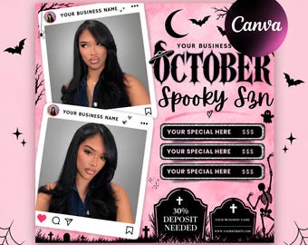 October Halloween Flyer Template, Canva Editable Spooky Season Social Media, Pink Halloween Beauty Salon Promo Lash Hair Business Marketing