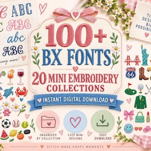 Peut inclure: Une collection numérique comprenant plus de 100 polices BX et 20 mini motifs de broderie. L'image présente diverses icônes brodées, notamment des ballons de sport, des fruits, des animaux et des monuments, avec le texte 100+ BX FONTS.