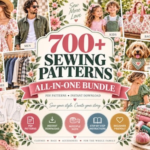 Può includere: Un pacchetto digitale di oltre 700 cartamodelli per abbigliamento da donna, uomo e bambino, borse e accessori per animali. La grafica include illustrazioni floreali, etichette di testo e icone per modelli PDF e istruzioni passo dopo passo.