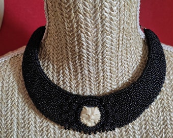 Black cameo cat bib necklace