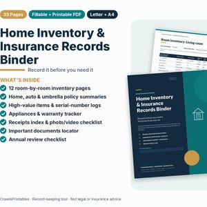 Home Inventory & Insurance Binder, Property Checklist, Homeowner Records, Important Documents Organizer, Fillable PDF Printable, Letter A4