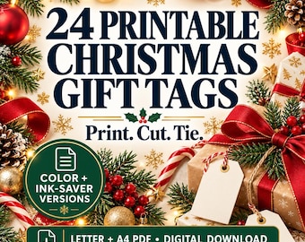 24 ausdruckbare Weihnachtsgeschenkanhänger: Rustikale Festtagsetiketten, Letter- und A4-PDF