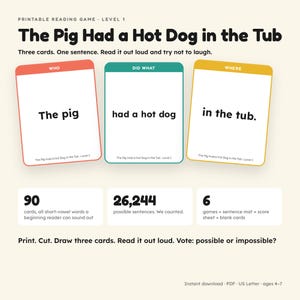May include: A printable reading game titled The Pig Had a Hot Dog in the Tub, featuring three colour-coded cards labelled Who, Did What, and Where. The set includes 90 cards with short-vowel words, 26,244 possible sentences, and 6 game variations.