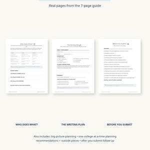 Könnte beinhalten: Ein 7-seitiger Leitfaden für Hochschulbewerbungen mit drei sichtbaren Seiten mit den Titeln WHAT'S INSIDE?, Who Does What?, The Writing Plan und Before You Submit. Die Seiten enthalten Checklisten, Tabellen und Textfelder zur Planung.
