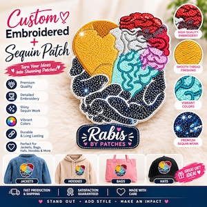 Puede incluir: Un parche bordado y de lentejuelas personalizado con un diseño en forma de corazón con secciones en amarillo, rojo, blanco, azul claro y azul oscuro. El parche se muestra en una chaqueta de mezclilla, una sudadera beige, un bolso rosa y una gorra negra.
