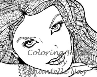 Beautiful girl, Coloring page, woman, face, adult coloring picture, digital, zentangle, advanced coloring, printable coloring page
