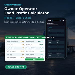 Può includere: Un pacchetto digitale SmartProfitTool Owner-Operator Load Profit Calculator con un'interfaccia per app mobile e una tabella dati verde che mostra ricavi del carico, chilometraggio, costi del carburante e metriche di profitto.