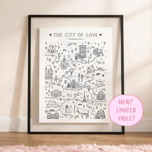 Könnte beinhalten: Ein gerahmter schwarz-weißer Kunstdruck mit dem Titel The City of Love, der eine kartenartige Illustration mit verschiedenen Sehenswürdigkeiten, Gebäuden, Bäumen und Figuren zeigt, die durch gewundene Pfade verbunden sind und Textbeschriftungen enthalten.