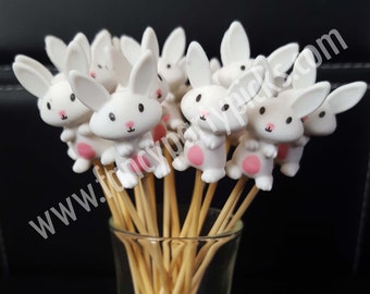 12 pcs Easter Mini Bunny Decoration (Cupcake Topper, Panattone Topper, Finger food, Appetizer pick, Fruit pick) ***FREE SHIPPING***