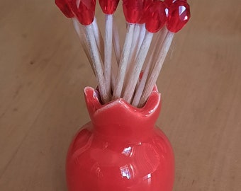 Pomegranate Toothpicks with Holder: Handmade Clay Appetizer Picks