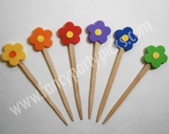 Flower Party Picks: Cupcake Toppers, Fruit Skewers, Cocktail Picks, Finger Food, Charcutier Board Picks, Food Garnish Skewer (24 Pcs)