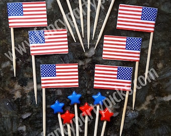 4th of July Party Picks: US Flags & Star Cupcake Toppers (36 pcs)