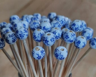 Ceramic Flower Blue or Pink Bead Toothpick Decorations: Cupcake Topper,  Finger Food, Charcutier Board Picks, Food Garnish Skewers (24 pcs)