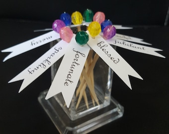 Multicolor Bead Toothpick Decorations with Happy Messages: Appetizer, Finger Food, Charcutier Board Picks, Food Garnish Skewers (30 picks)