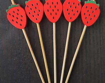 Strawberry Wooden Picks: Finger Food, Fruit Picks, Cocktail Picks, Appetizer Picks, Charcutier Board Picks, Food Skewer (24pcs)