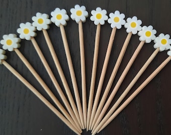 30 Mini Daisy Bamboo Toothpick Decorations: Cupcake Topper, Cocktail Picks, Finger Food, Charcutier Board Picks, Food Garnish Skewer