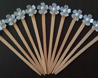 Sakura White Flower Toothpick Decorations: Cupcake Topper, Cocktail Picks, Finger Food, Charcutier Board Picks, Food Garnish Skewer (24 pcs)