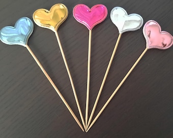 Mirror Metallic 3D Heart Toothpick Decoration: Cocktail Picks, Finger Food, Charcutier Board Picks, Food Garnish Skewers (15 picks)