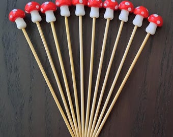 Mushroom Glass Bead Toothpick Decorations: Cocktail Picks, Appetizer, Finger Food, Charcutier Board Picks, Food Garnish Skewers (Set of 8)