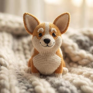 以下が含まれることがあります： ゴールデンブラウンとクリーム色の糸で編まれた、手作りの小さなコーギー犬のあみぐるみ。このぬいぐるみは、大きな尖った耳、暗い丸い目、黒い刺繍の鼻、そして顔に縫い付けられた控えめな笑顔が特徴です。