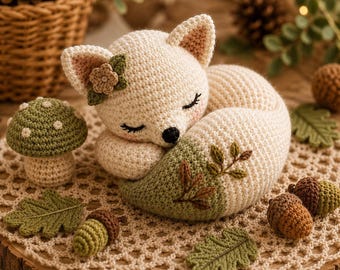 May include: A cream-colored crocheted fox figurine with closed eyes, a small black nose, and a flower on its ear. The fox has a green tail with embroidered brown leaves. It is surrounded by a crocheted green mushroom, acorns, and leaves.