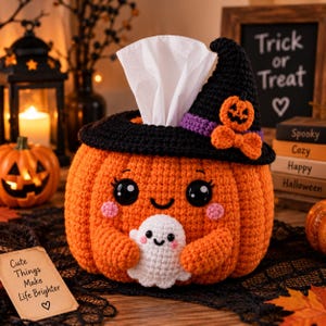 May include: A crocheted orange pumpkin tissue box cover featuring a black witch hat with a purple band and a small orange pumpkin accent. The pumpkin has a smiling face with black eyes and pink cheeks, holding a small white ghost with a smiling face.
