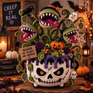 May include: A crochet arrangement featuring three green monster plants with sharp teeth and pink tongues, one wearing a witch hat, emerging from a white skull-shaped cauldron with purple drips, a pumpkin, and a sign reading BEWARE MY PLANTS ARE FRIENDLY.
