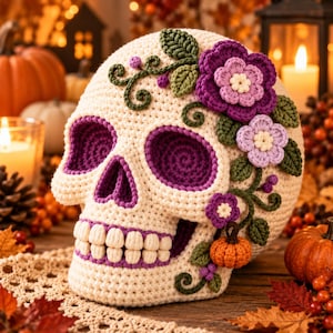 Könnte beinhalten: Ein cremefarbener gehäkelter Totenkopf, verziert mit violetten und hellvioletten Blumen, grünen Blättern und einem kleinen orangefarbenen Kürbis. Der Totenkopf hat dunkelviolette Augenhöhlen und eine Nasenöffnung sowie cremefarbene Zähne.