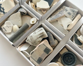 Matchbox of black and white beach finds - sea pottery, sea glass, shells, fossils