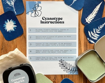 Op de afbeelding: Een cyanotype mini-kit met instructies, omringd door blauwe en witte botanische prints. De kit bevat een zwarte doos, een kleine zak en groene vierkanten. De instructies beschrijven het cyanotype proces.