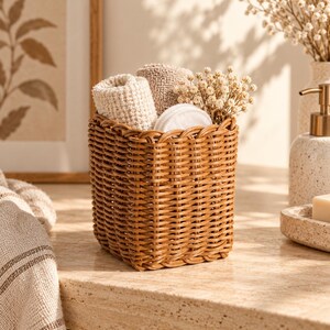 Op de afbeelding: Een vierkante gevlochten bruine mand met twee opgerolde beige geweven washandjes, een rond wit wattenschijfje en een klein bosje gedroogde witte bloemen. De mand heeft een strak, uniform vlechtpatroon en een gevlochten bovenrand.